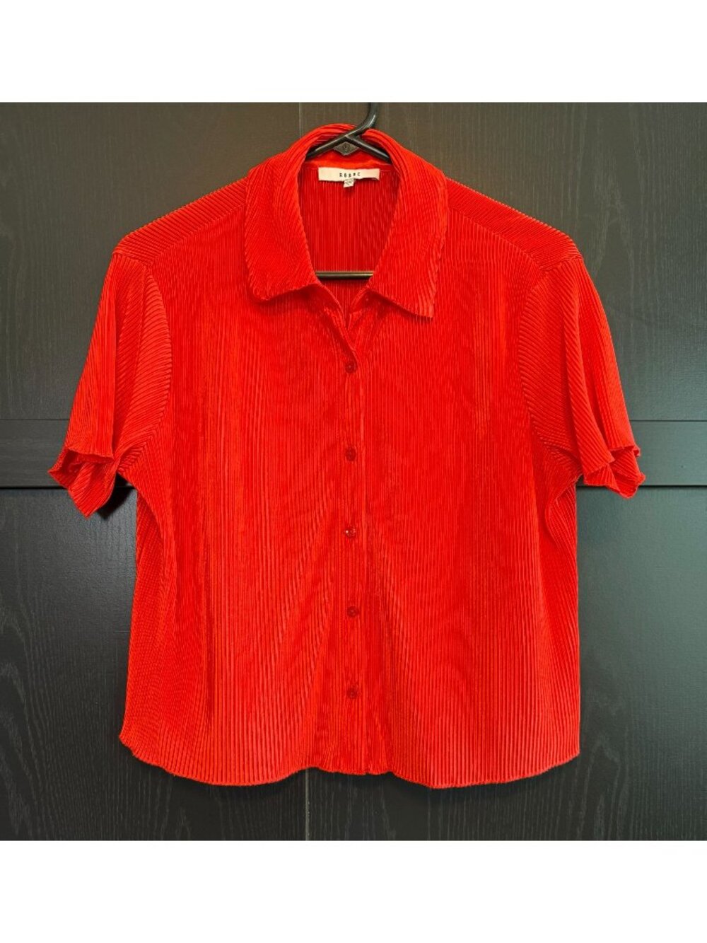RO&DE Women's Pleated Button Up Collared Relaxed Boxy Top Small Short Sleeves